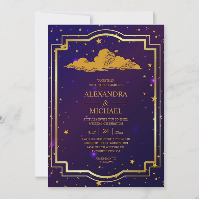 Convite Casamento Estrelas Celestiais Rosa Azul Místico  (Frente)