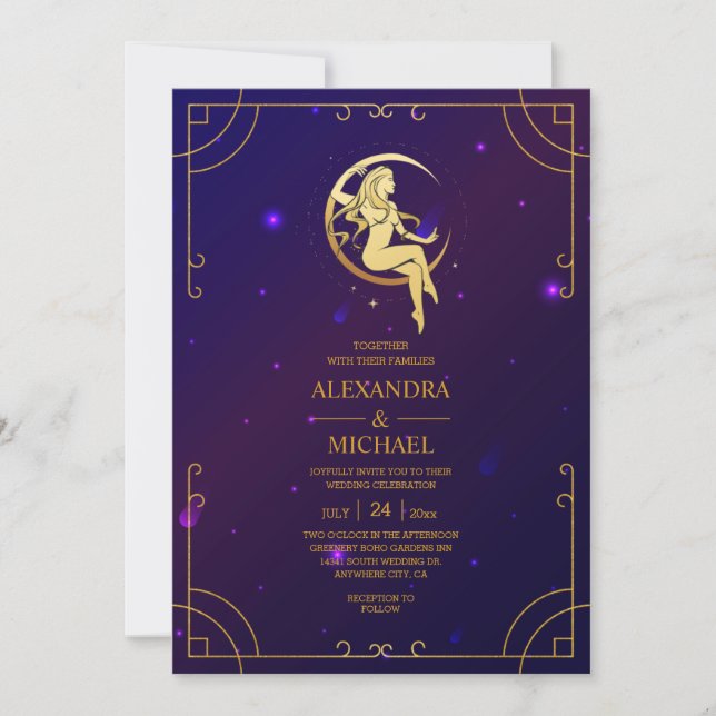 Convite Casamento Estrelas Celestiais Rosa Azul Místico    (Frente)