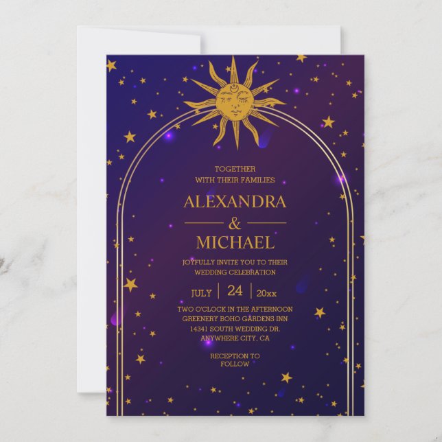 Convite Casamento Estrelas Celestiais Rosa Azul Místico (Frente)