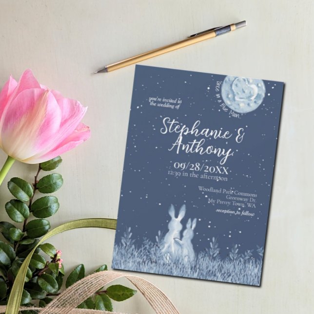 Convite Casamento Estrelas de Lua de Coelho Azul Whimsical (Criador carregado)