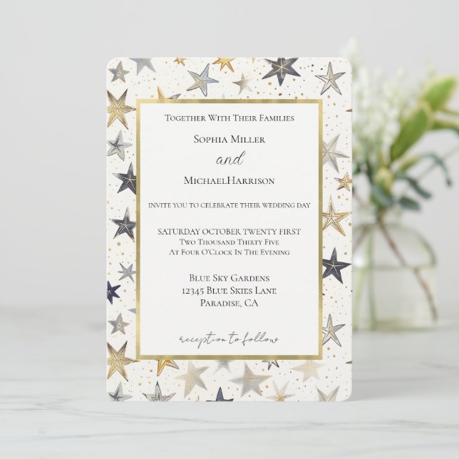 Convite Casamento Estrelas de Prata Azul e Dourado (Em pé/Frente)