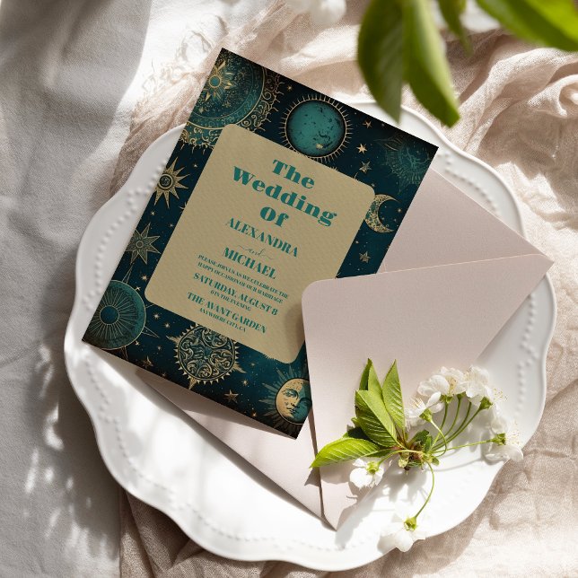 Convite Casamento Estrelas Douradas Verde Meia-Noite Celes (Criador carregado)