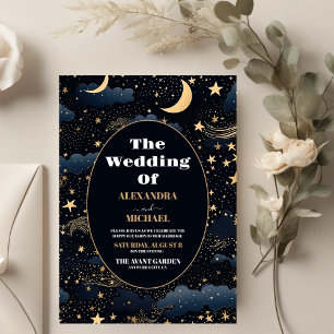 Convite Casamento Estrelas Lua Azul Meia-Noite Celestial