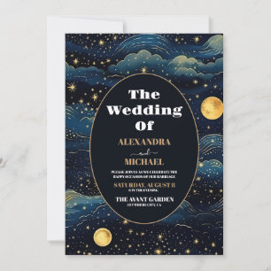 Convite Casamento Estrelas Lua Azul Meia-Noite Celestial