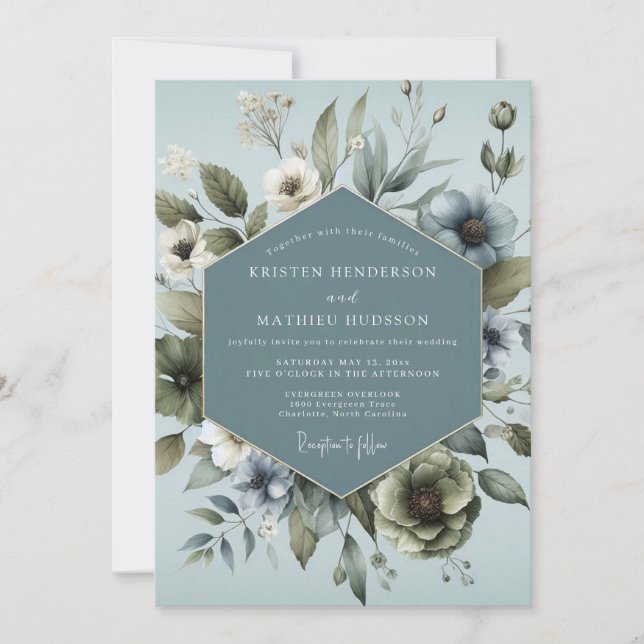 Convite Casamento Étereo Azul Aço da Anêmona (Frente)