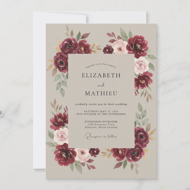 Convite Casamento Etéreo Burgundy Bloom (Frente)