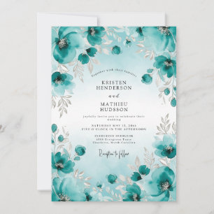 Convite Casamento Etéreo com Aquarela Azul-Verde