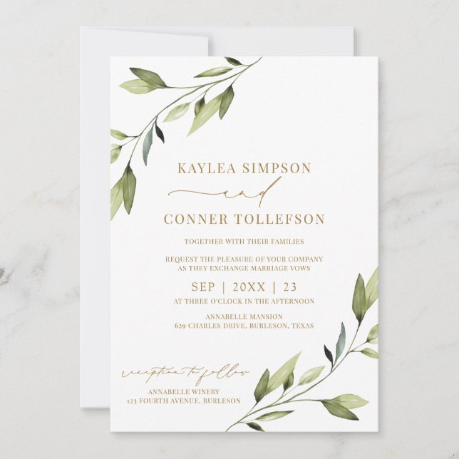Convite Casamento Etéreo Conto de Fadas Verde Dourado Folh (Frente)