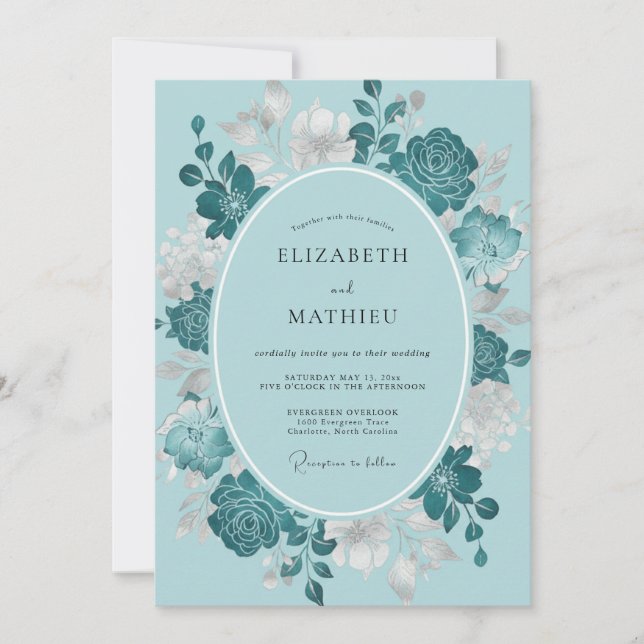 Convite Casamento Etéreo de Inverno Azul Teal (Frente)