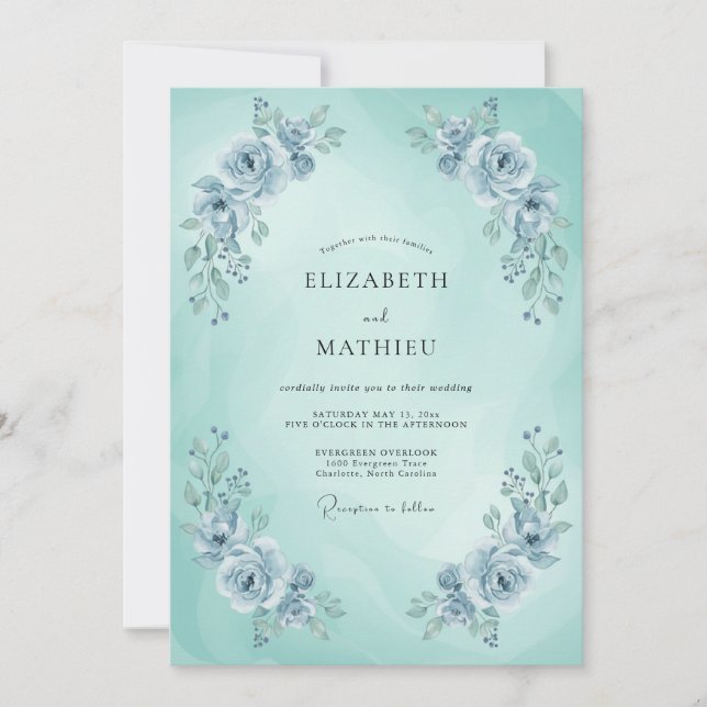 Convite Casamento Etéreo de Menta Azul na Primavera (Frente)