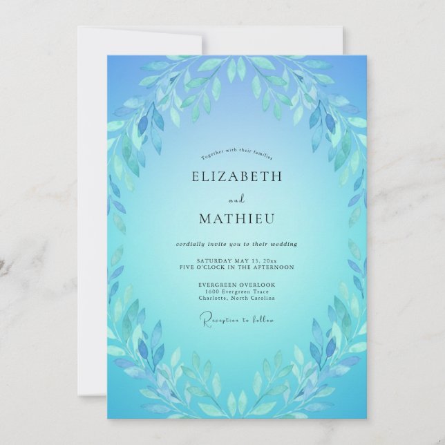 Convite Casamento Etéreo de Primavera Azul Azure (Frente)