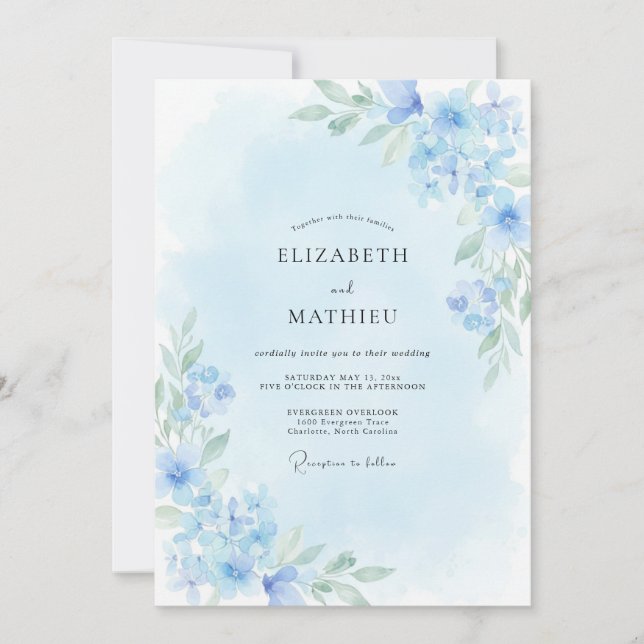 Convite Casamento Etéreo de Primavera Azul-Celeste (Frente)