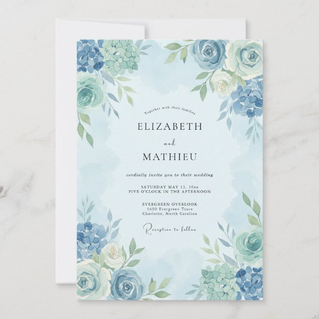 Convite Casamento Etéreo de Primavera Azul Claro (Frente)