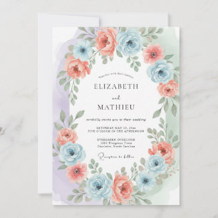 Convite Casamento Etéreo de Primavera Azul Salmão