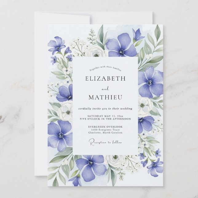 Convite Casamento Etéreo de Primavera Azul Violeta (Frente)