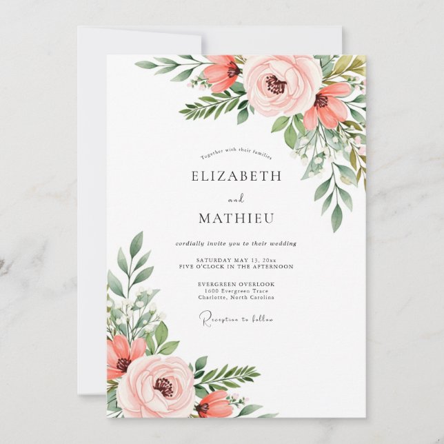 Convite Casamento Etéreo de Primavera com Coral Rosado (Frente)