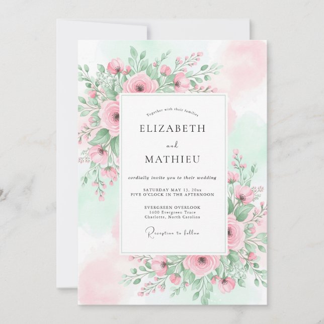 Convite Casamento Etéreo de Primavera com Rosa e Hortelã (Frente)