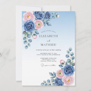 Convite Casamento Etéreo de Primavera com Rosa Naval