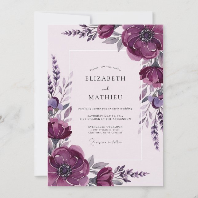Convite Casamento Etéreo de Primavera com Roxo Fundo (Frente)