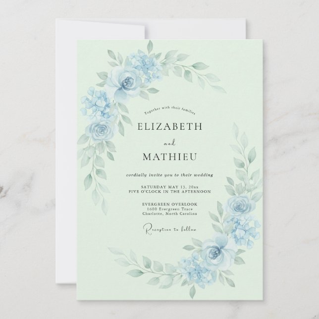 Convite Casamento Etéreo de Primavera em Azul Pó (Frente)