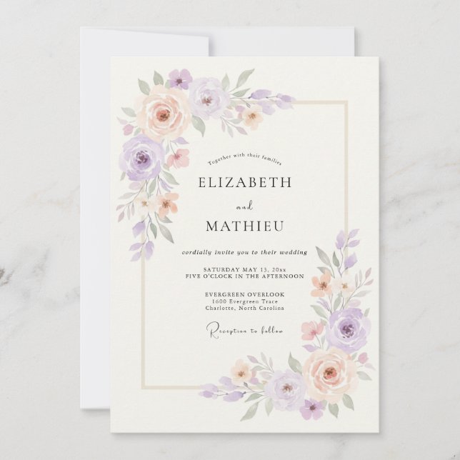 Convite Casamento Etéreo de Primavera Lavanda Pêssego (Frente)