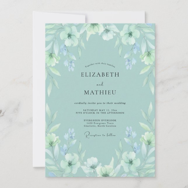 Convite Casamento Etéreo de Primavera Verde Espuma do Mar (Frente)