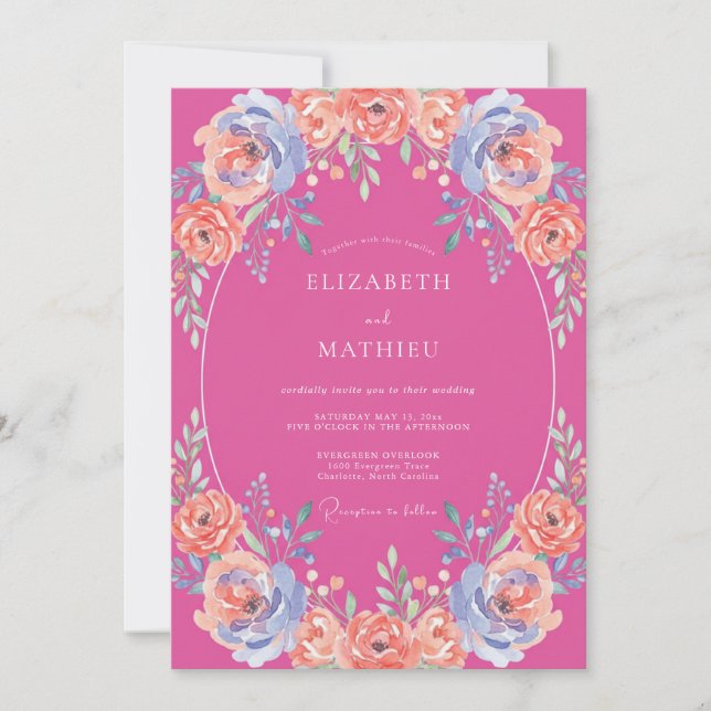 Convite Casamento Etéreo de Verão Rosa Quente (Frente)