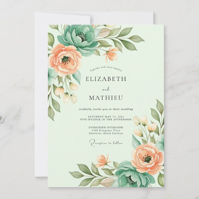 Convite Casamento Etéreo de Verde Menta na Primavera (Frente)
