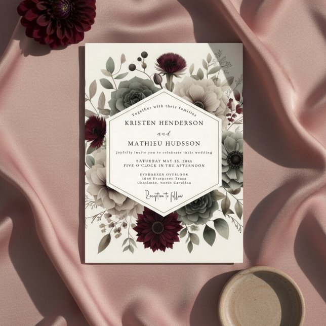 Convite Casamento Etéreo Flor de Veludo Borgonha (Criador carregado)