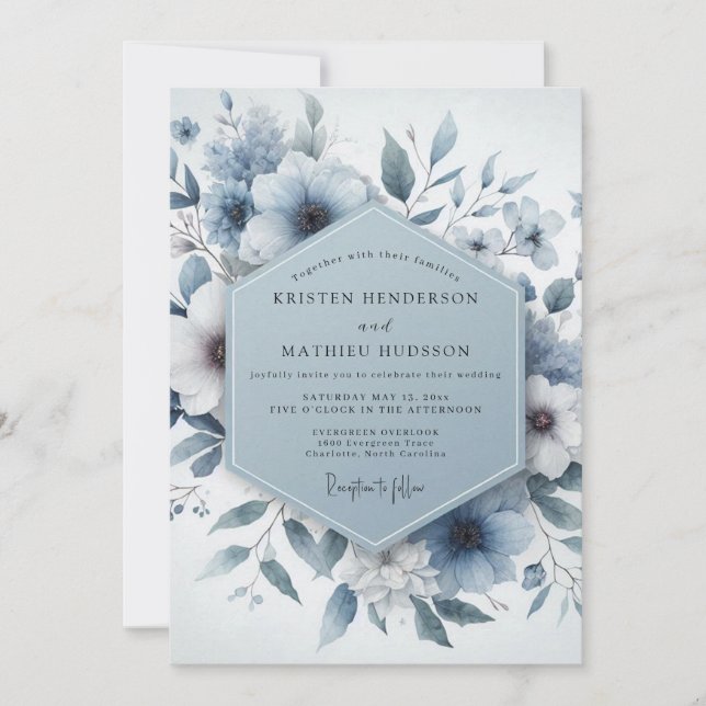 Convite Casamento Etéreo Floral Azul (Frente)