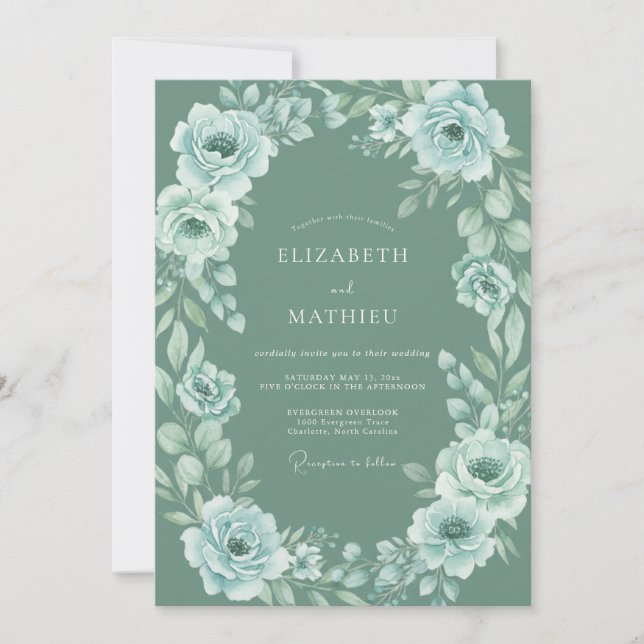Convite Casamento Etéreo Floral Azul Desbotado (Frente)