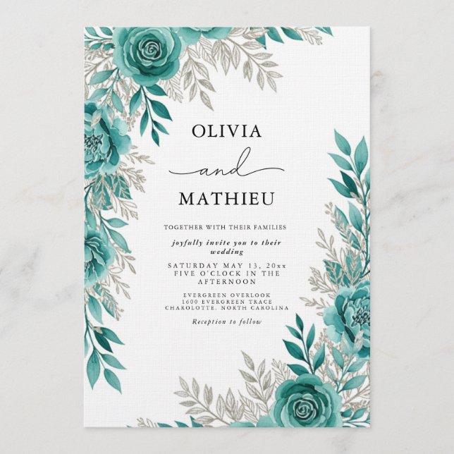 Convite Casamento Etéreo Floral Turquesa (Frente)