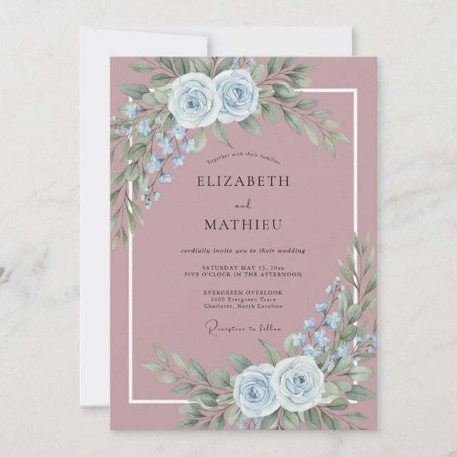 Convite Casamento Etéreo Rosa Azul Pálido Mauve (Frente)