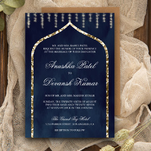 Convite Casamento Étnico Indiano com Arco Dourado Azul Mar