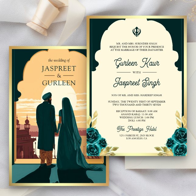 Convite Casamento étnico indiano - Dark Teal Anand Karaj S (Criador carregado)