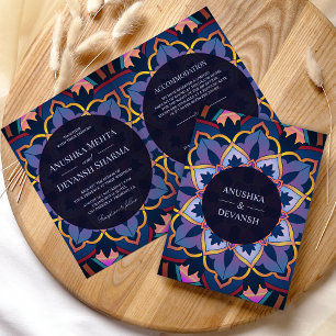 Convite Casamento Étnico Indiano Mandala Azul Amarelo Roxo