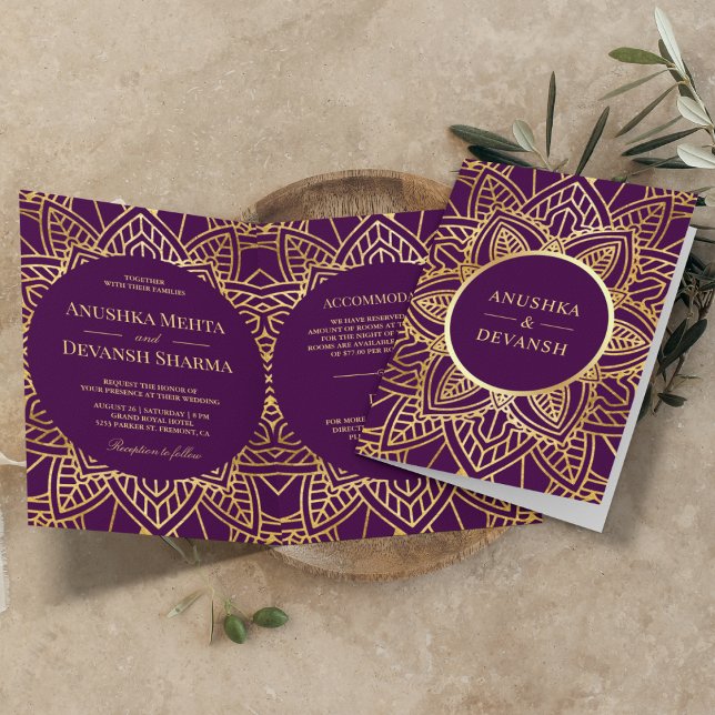 Convite Casamento Étnico Mandala Indiano Roxo e Dourado (Criador carregado)