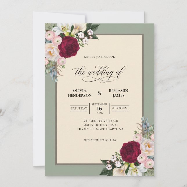 Convite Casamento Eucalipto com Ramalhete Oliva Marrom (Frente)