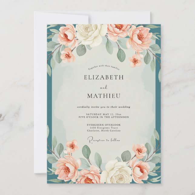 Convite Casamento Eucalipto Coral Petrol (Frente)