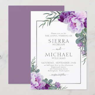 Convite Casamento Eucalipto Floral Elegante Roxo e Prata