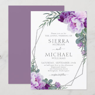 Convite Casamento Eucalipto Floral Elegante Silver & Purpl