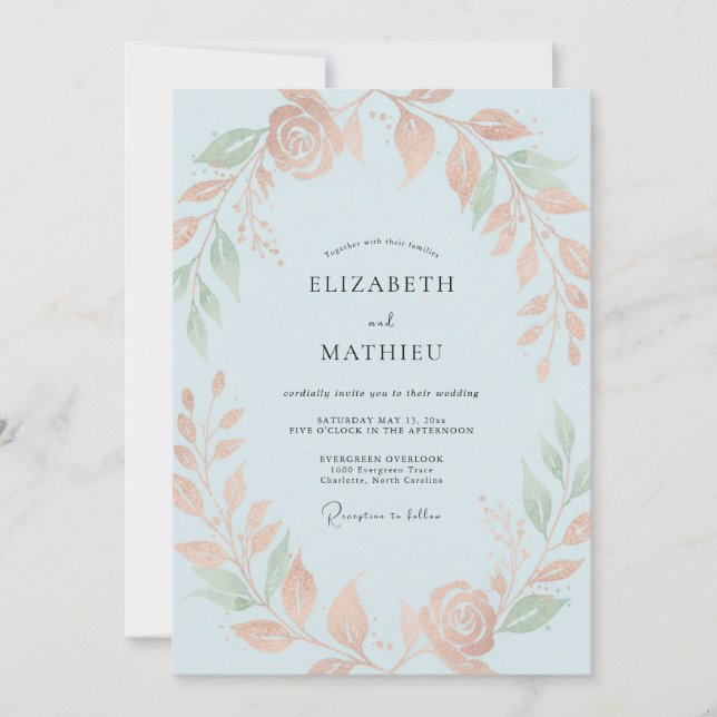 Convite Casamento Eucalipto Folhagem Celeste Damasco (Frente)