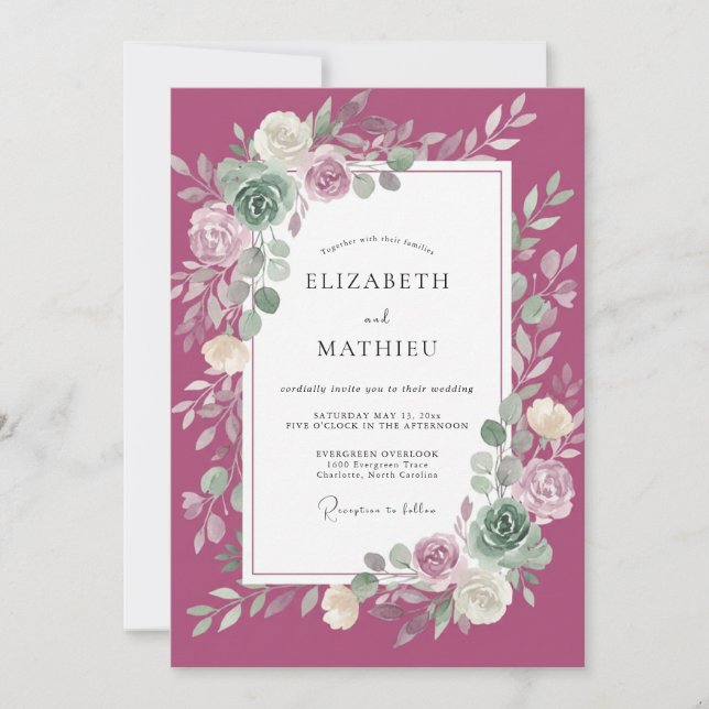 Convite Casamento Eucalipto Folhagem Ranunculus Magenta (Frente)