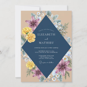 Convite Casamento Eucalipto Margarida Amarela Azul-Marinho