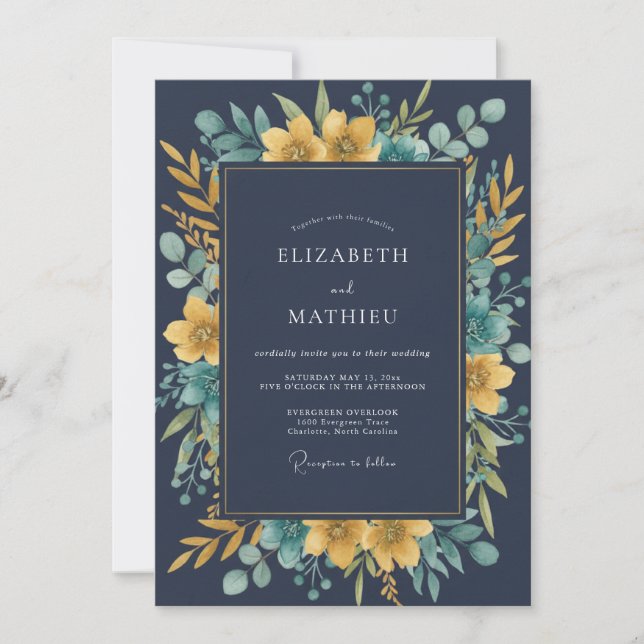 Convite Casamento Eucalipto Mostarda Meia-Noite (Frente)