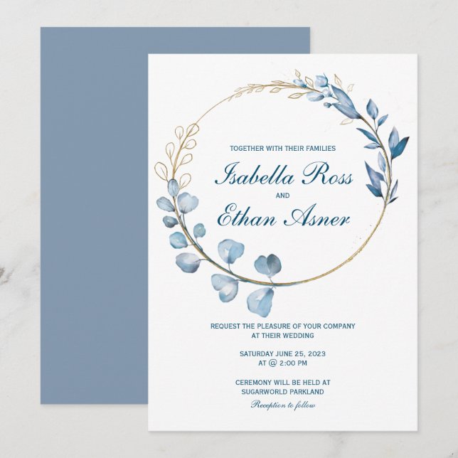 Convite Casamento Eucalipto Poeira Azul e Dourado (Frente/Verso)