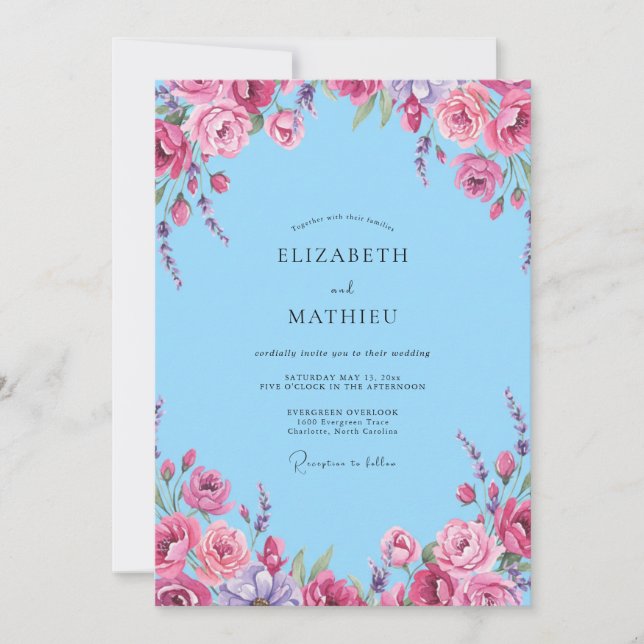 Convite Casamento Eucalipto Ranúnculo Magenta Céu (Frente)