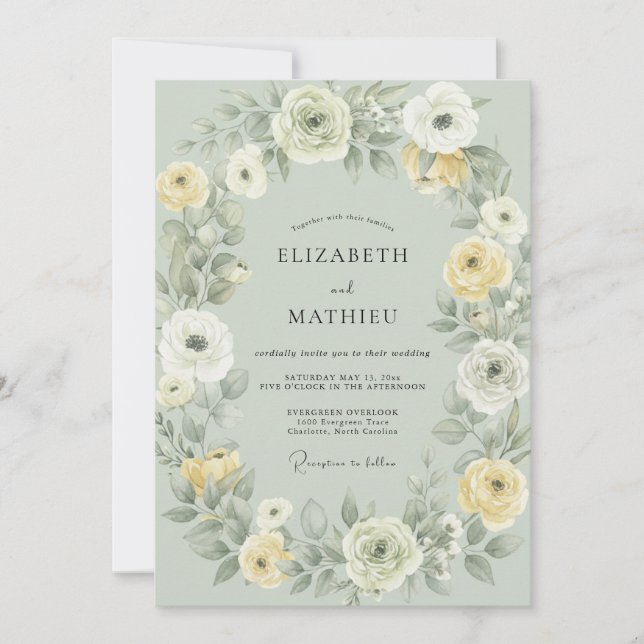 Convite Casamento Eucalipto Ranúnculo Manteiga Celadon (Frente)