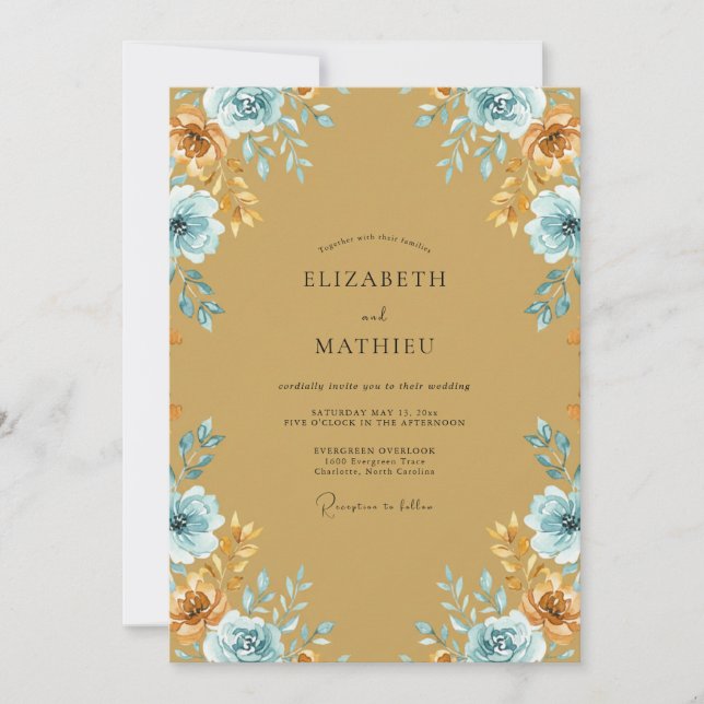 Convite Casamento Eucalipto Ranunculus Cerúleo Dourado (Frente)