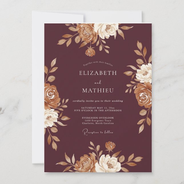 Convite Casamento Eucalipto Ranunculus Cobre Vinho (Frente)